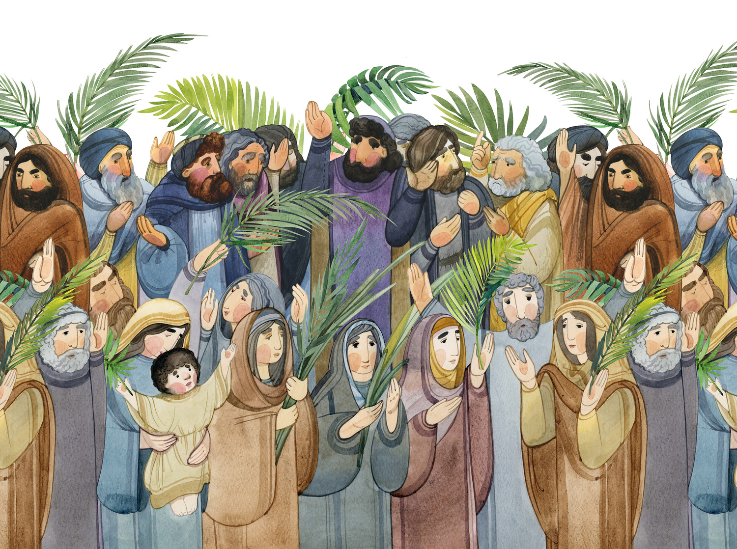 Palm Sunday, painted in watercolor, people with palm branches, Pharisees, Jews and joyful people and children meet Jesus Christ. Entry of the Lord into Jerusalem. For religious biblical publications 