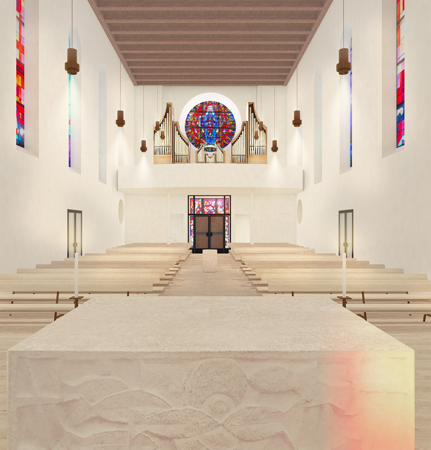 Ansicht der renovierten Pfarrkirche Altenstadt ab Herbst 2026 von der Empore aus Richtung Altar und in der Gegenrichtung.